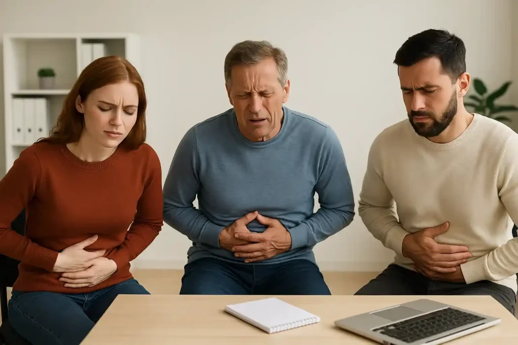 تعدادی مرد و زن در مطب دکتر که دل درد دارند 